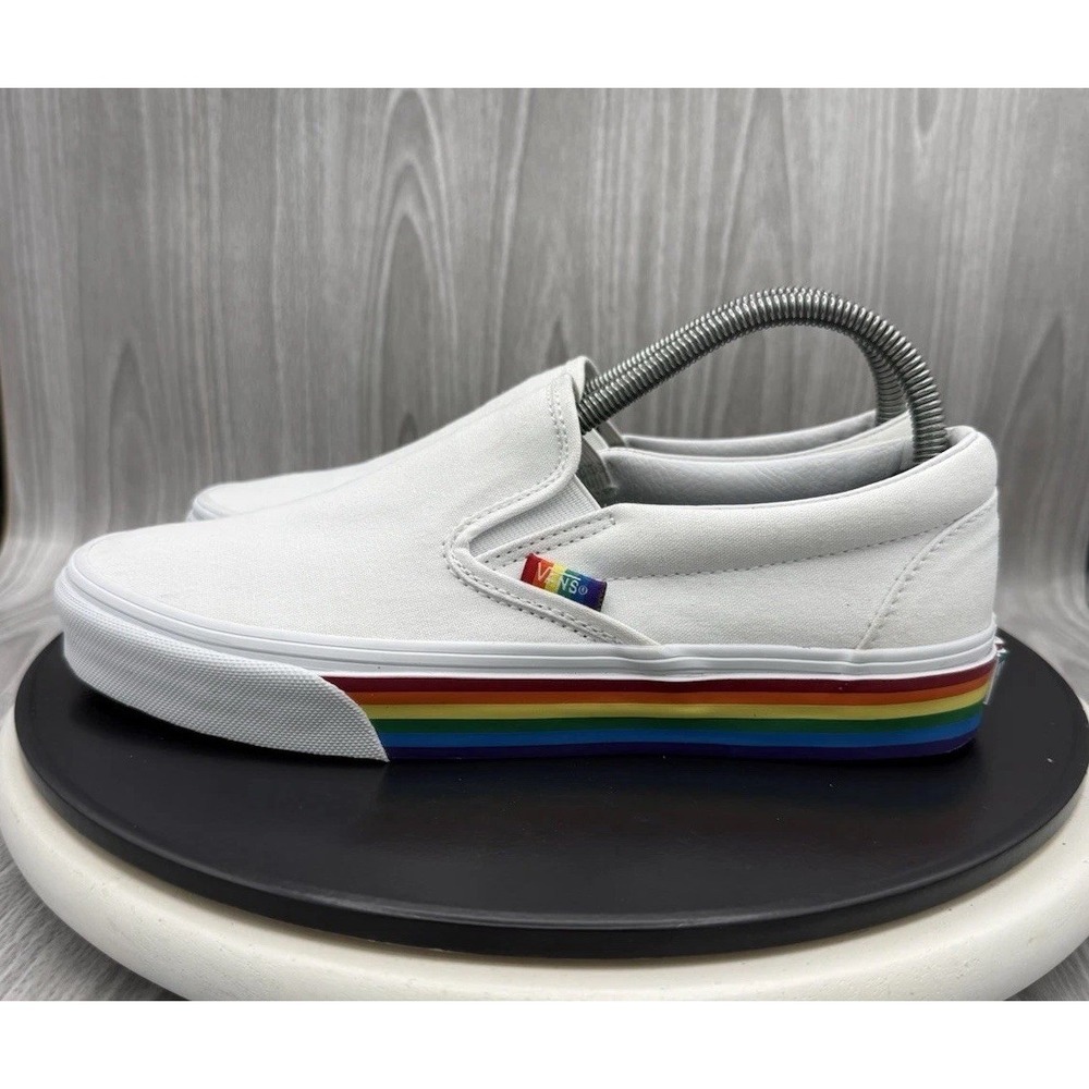 Vans Classic Slip On Womens 9 White Rainbow Stripe Sole LGBTQ Pride Skate Shoes